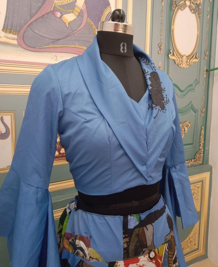 Multicolor twill digital printed crop top lehenga