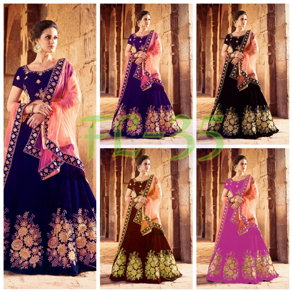 Multicolor velvet heavy embroidered wedding lehenga with can can net