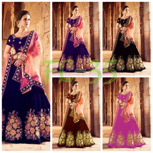 Multicolor velvet heavy embroidered wedding lehenga with can can net