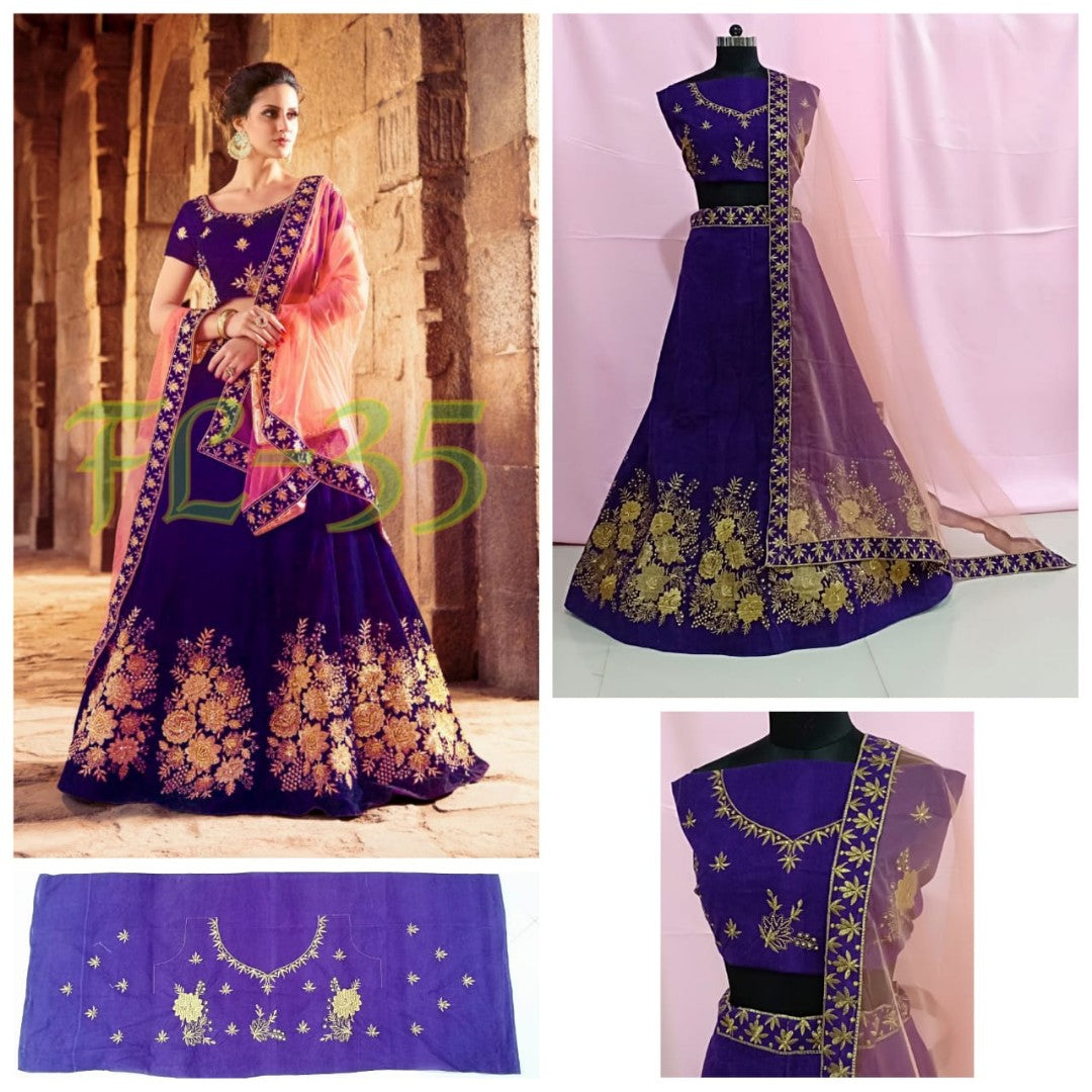 Multicolor velvet heavy embroidered wedding lehenga with can can net