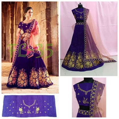 Multicolor velvet heavy embroidered wedding lehenga with can can net