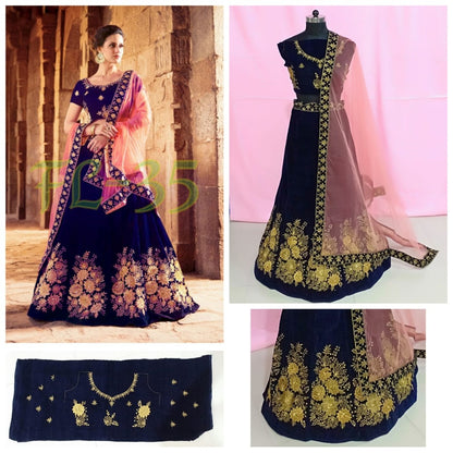 Multicolor velvet heavy embroidered wedding lehenga with can can net