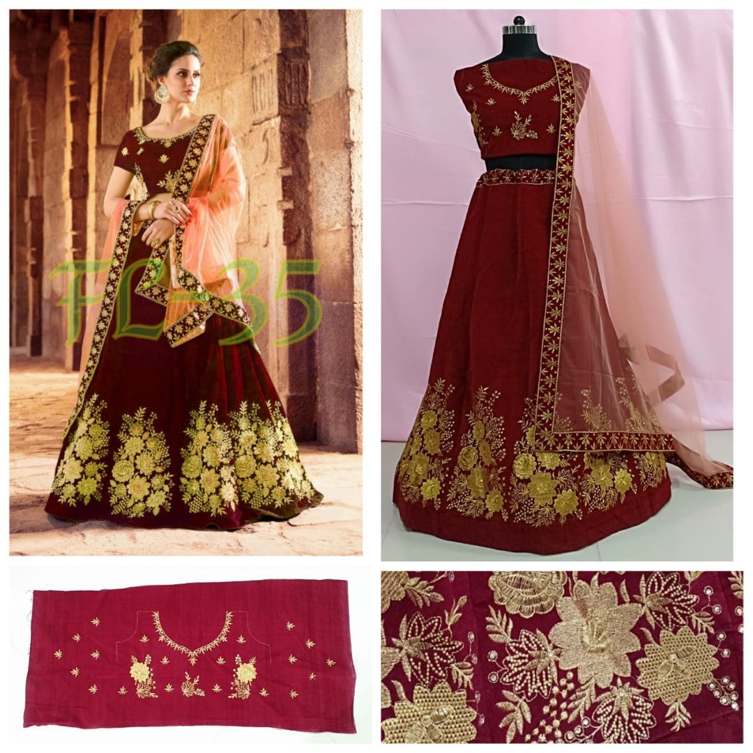Multicolor velvet heavy embroidered wedding lehenga with can can net