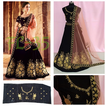Multicolor velvet heavy embroidered wedding lehenga with can can net