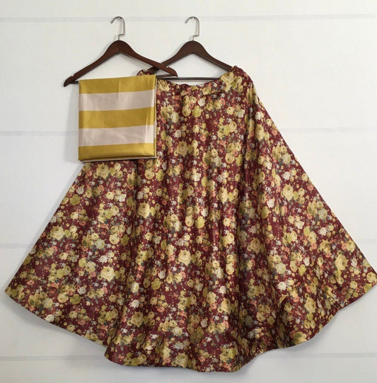 Multicolor zari satin silk flower printed crop top lehenga