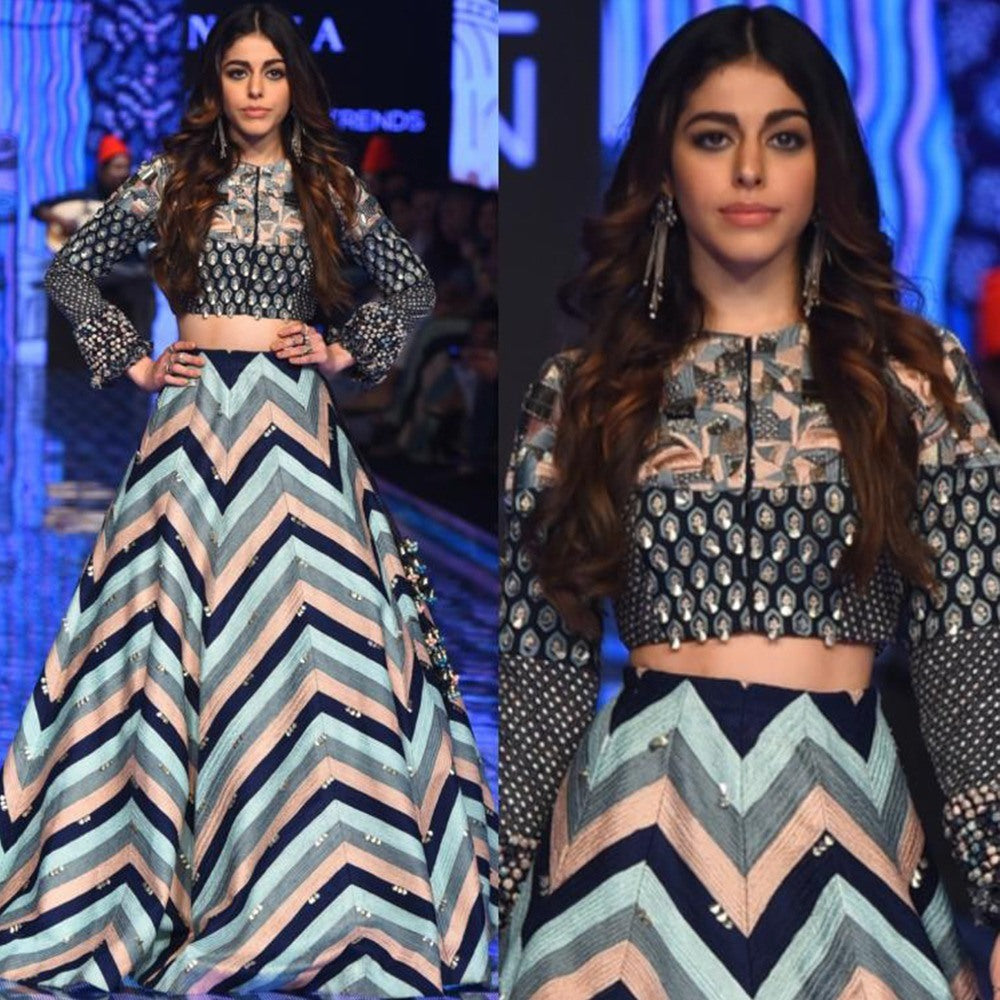 Multicolor zigzag italitan satin indo croptop lehenga