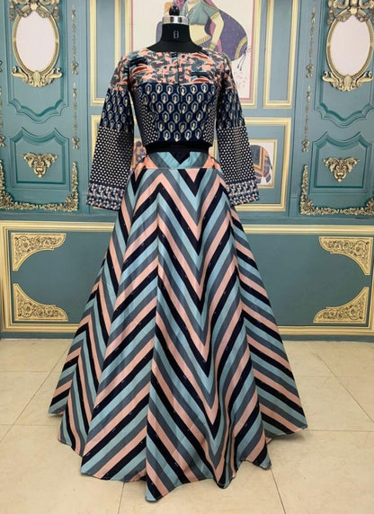 Multicolor zigzag italitan satin indo croptop lehenga