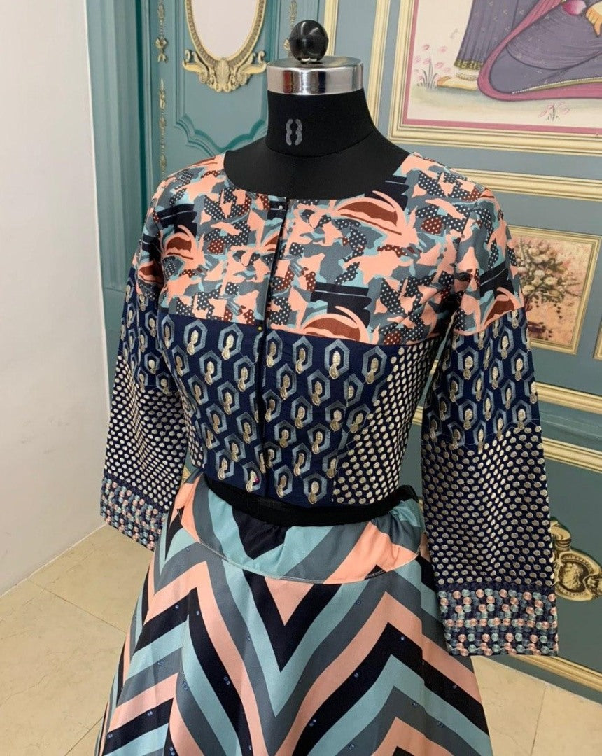 Multicolor zigzag italitan satin indo croptop lehenga