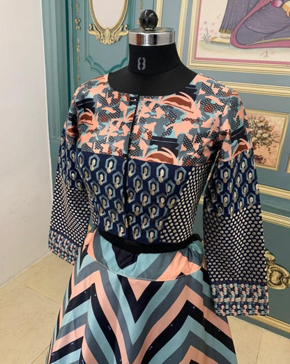 Multicolor zigzag italitan satin indo croptop lehenga