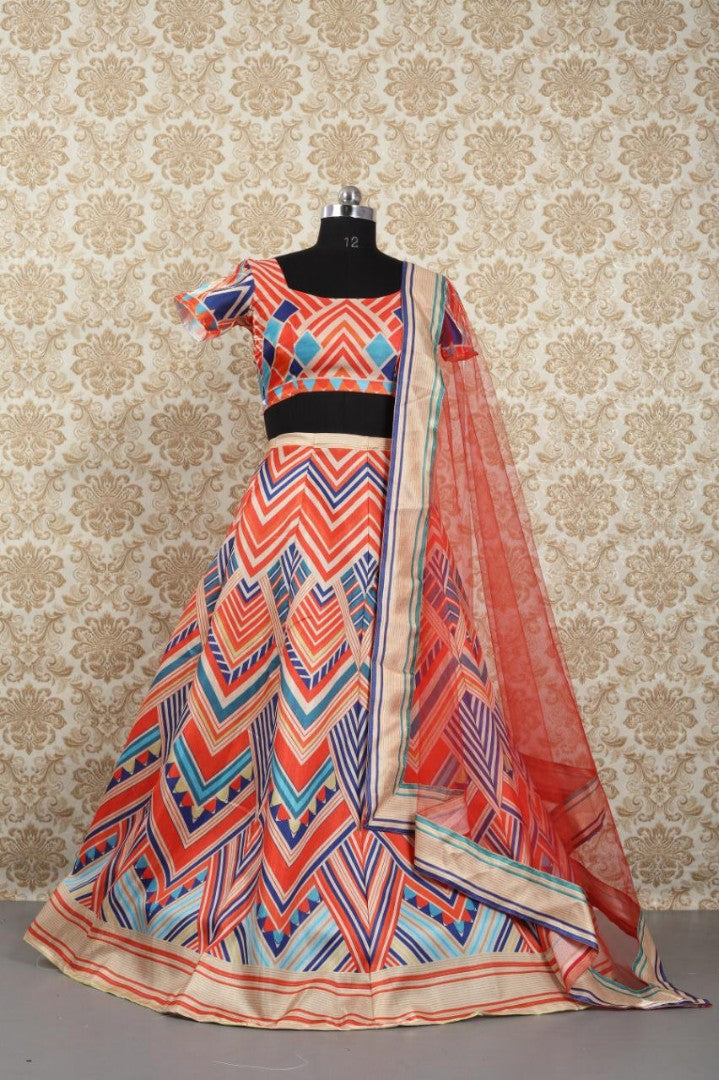 Multicolored banglory satin digital printed bollywood style lehenga choli