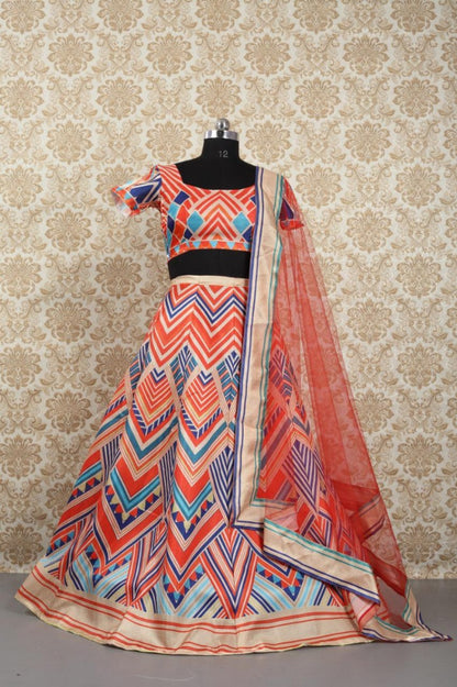 Multicolored banglory satin digital printed bollywood style lehenga choli