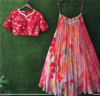 multicolored banglory silk lehenga with embroidered blouse