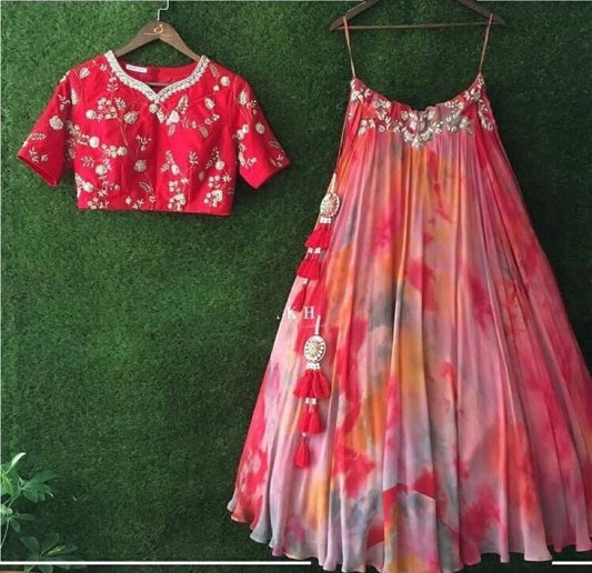 multicolored banglory silk lehenga with embroidered blouse