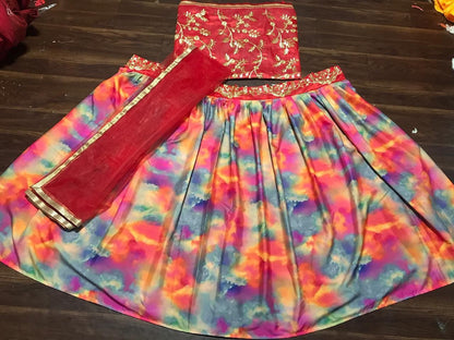 multicolored banglory silk lehenga with embroidered blouse