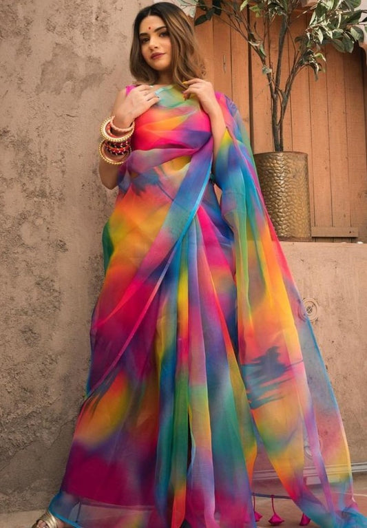multicolored organza digital print saree