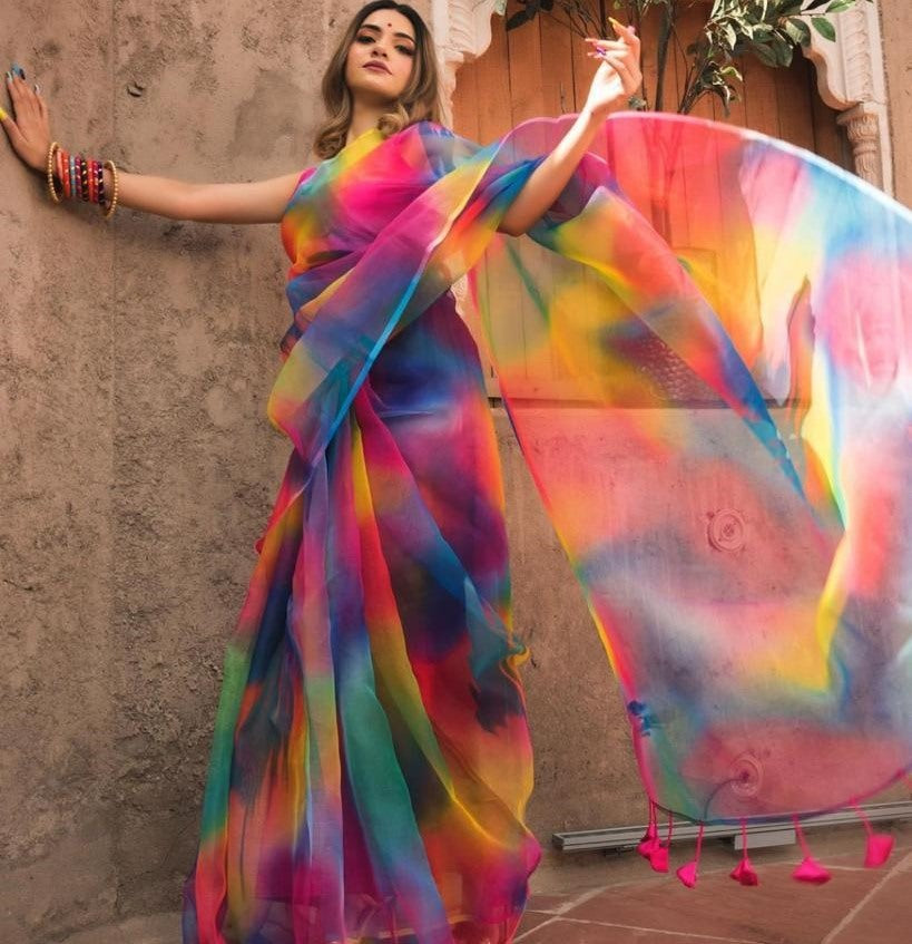 multicolored organza digital print saree
