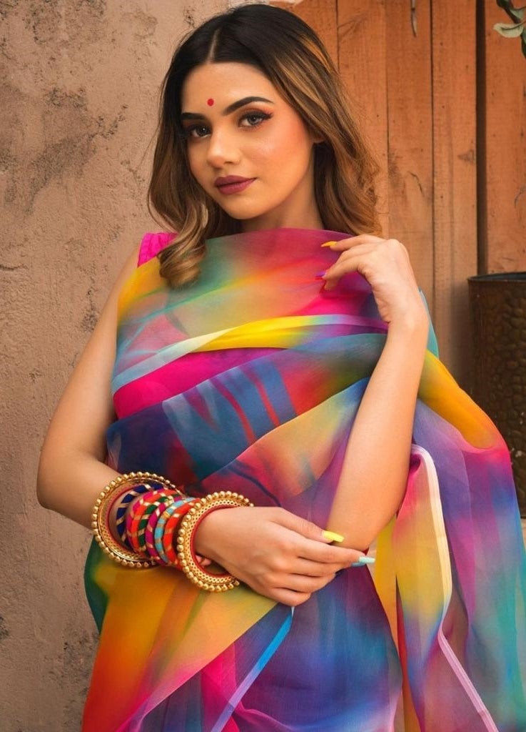 multicolored organza digital print saree