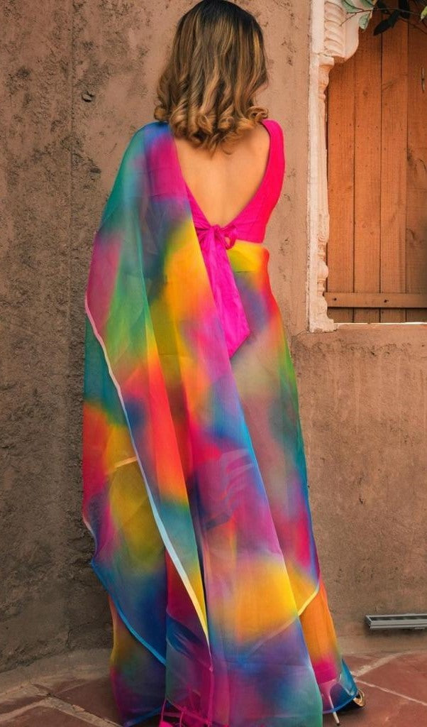 multicolored organza digital print saree