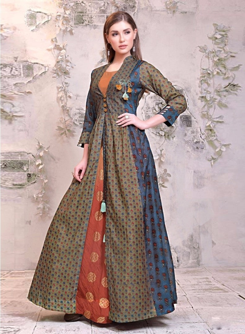 multicolored pure chanderi printed long kurti with shrug