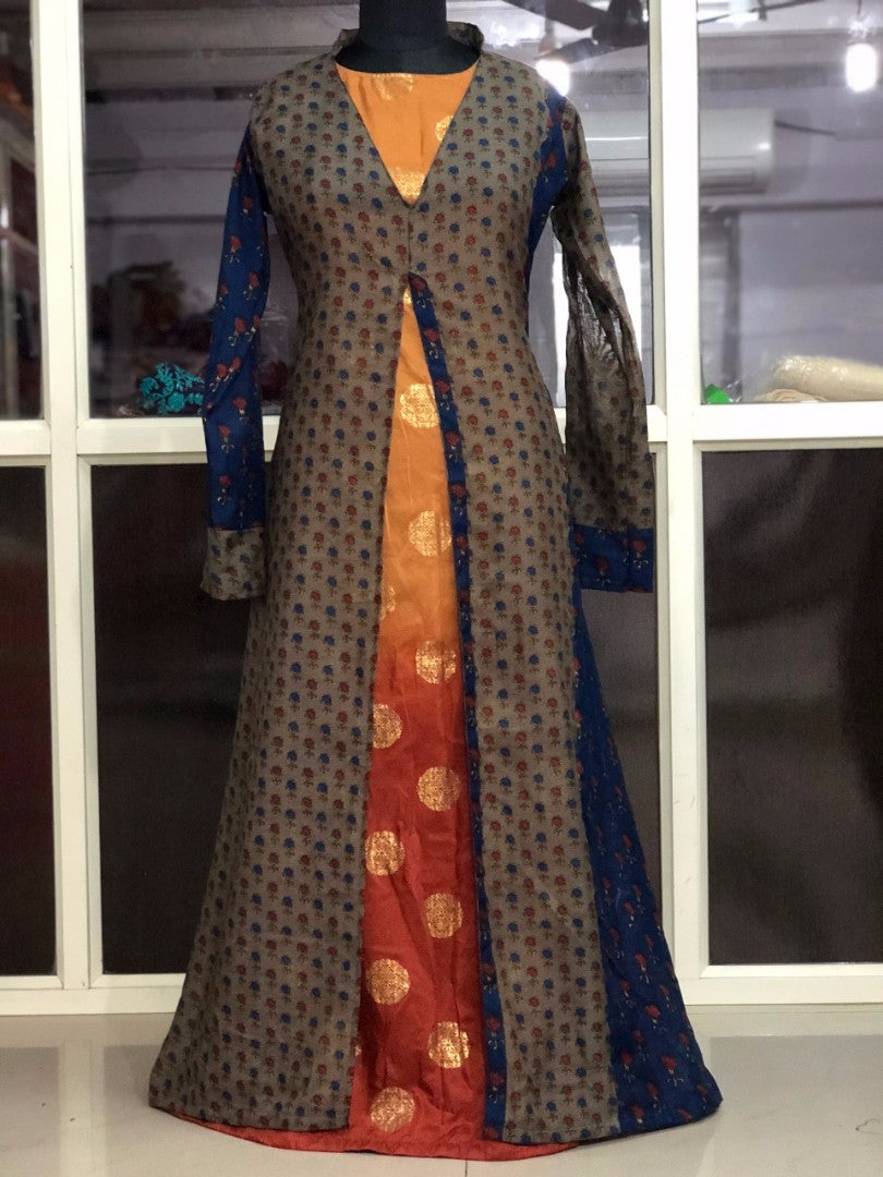 multicolored pure chanderi printed long kurti with shrug