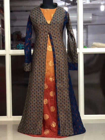 multicolored pure chanderi printed long kurti with shrug