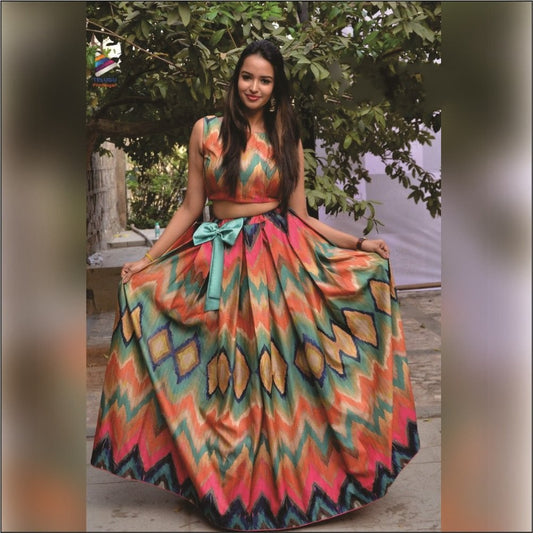 multicolored satin banglory festival wear croptop lehenga