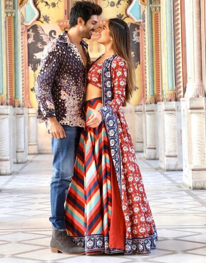 Multicolored taffeta silk patola print indowestern lehenga with koti