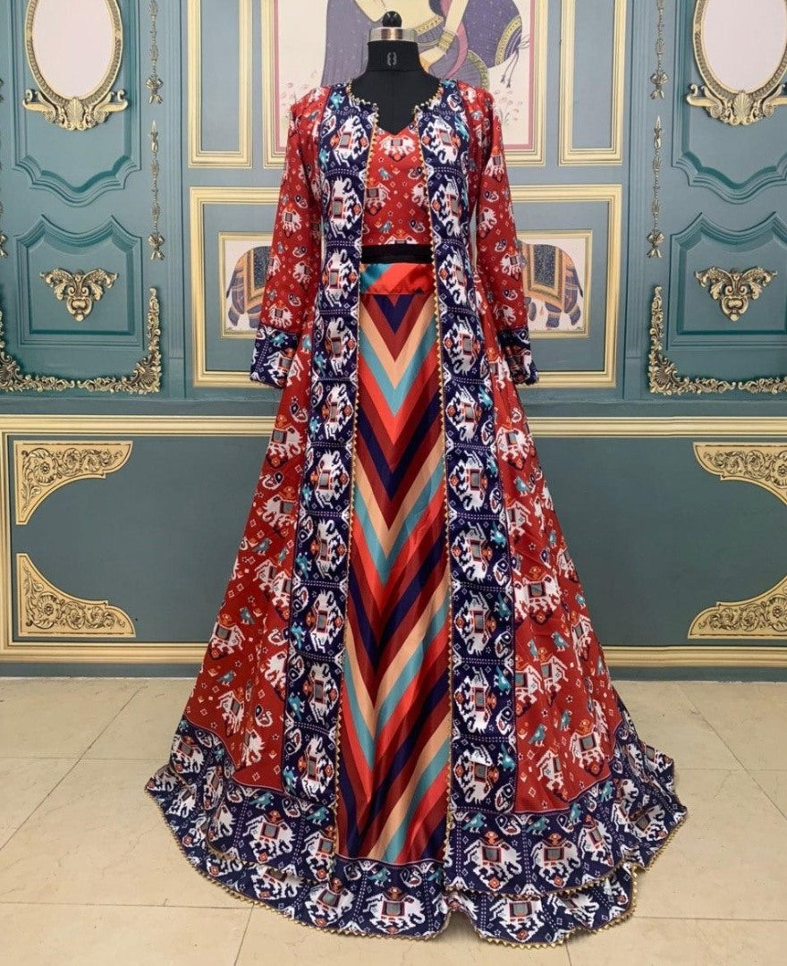 Multicolored taffeta silk patola print indowestern lehenga with koti