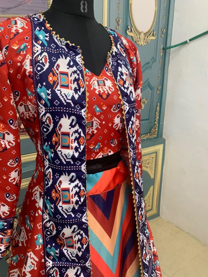 Multicolored taffeta silk patola print indowestern lehenga with koti