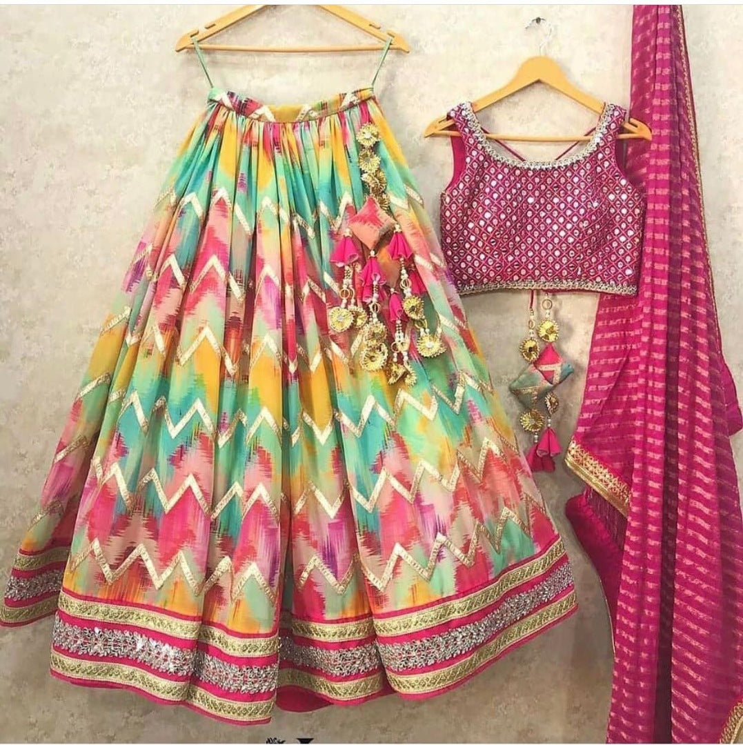 Multicolored tapetta silk digital printed lehenga choli