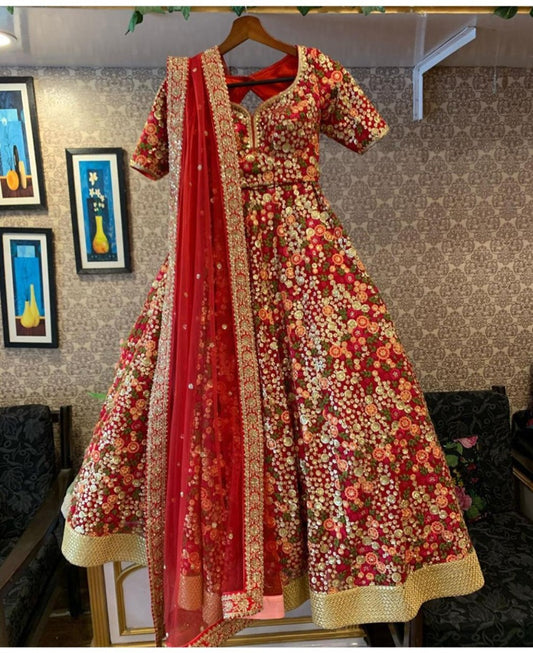Multicolored thread embroidered net sequence work wedding lehenga choli