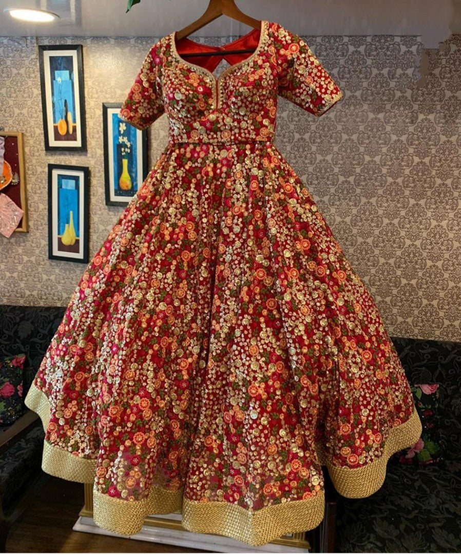 Multicolored thread embroidered net sequence work wedding lehenga choli