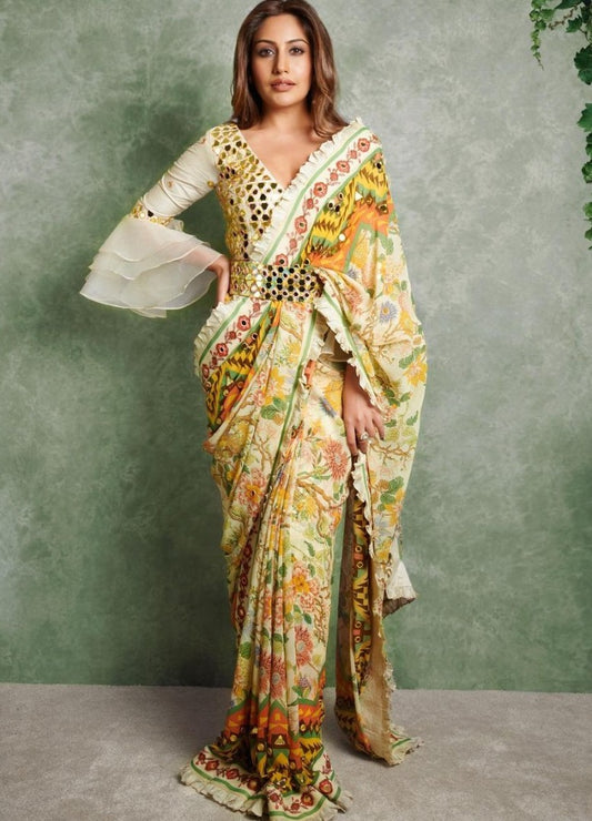 Multicolour cenon silk with print and mirror work saree