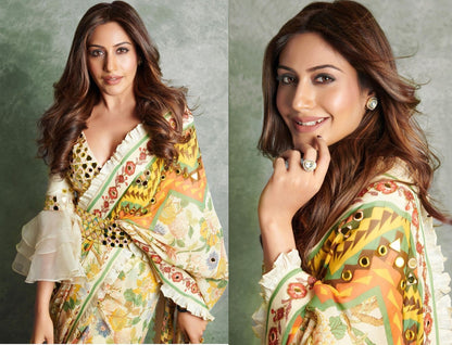 Multicolour cenon silk with print and mirror work saree