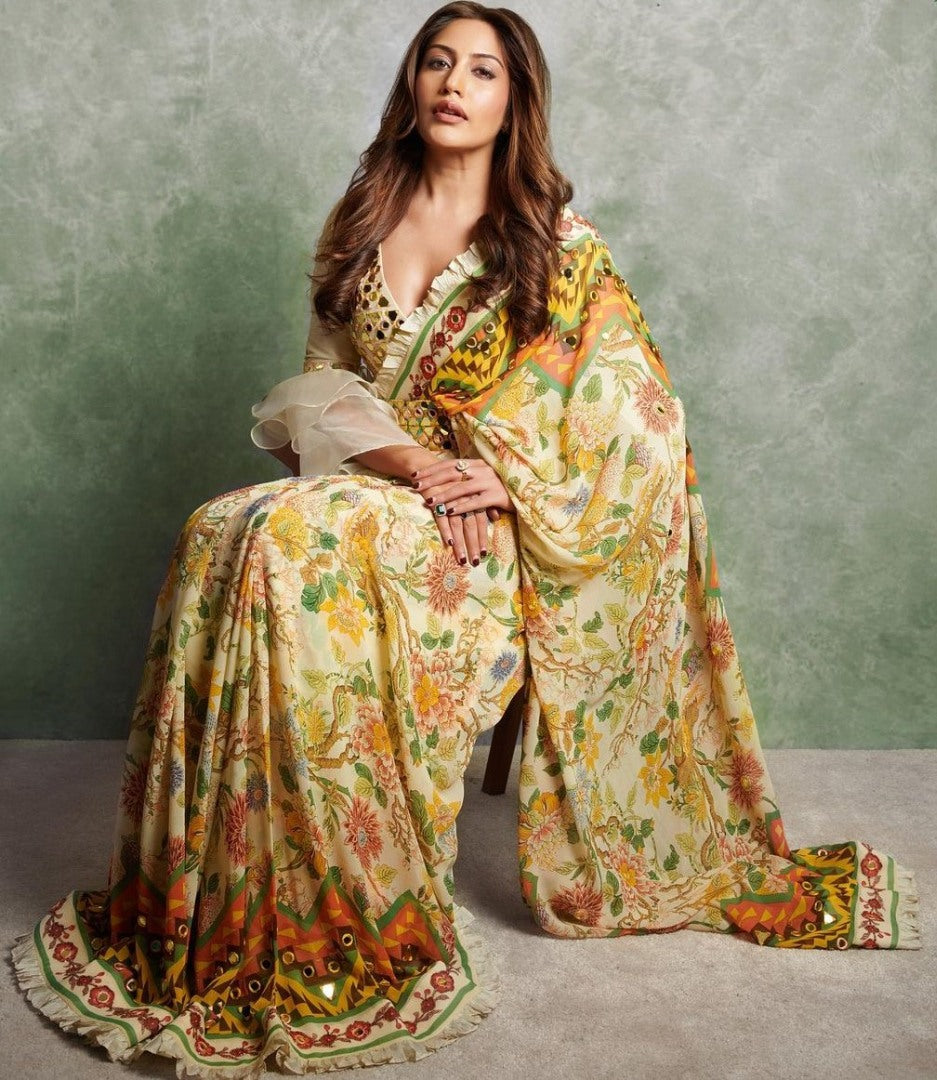 Multicolour cenon silk with print and mirror work saree