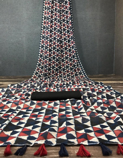 Multicolour chanderi linen digital printed cotton tussles work saree