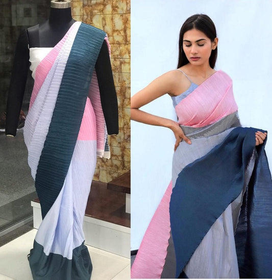Multicolour chinon pleating and printing work party wear saree