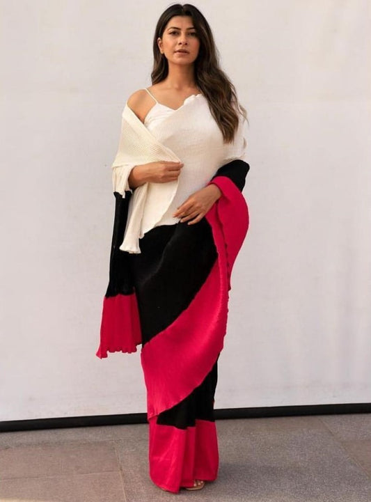 Multicolour chinon pleating and printing work party wear saree