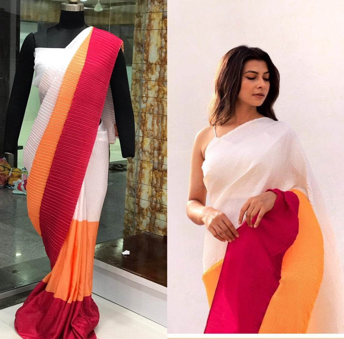 Multicolour chinon pleating and printing work party wear saree