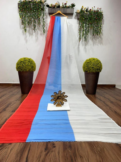 Multicolour chinon pleating and printing work party wear saree