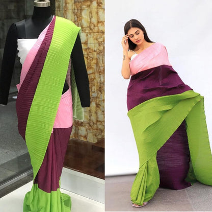 Multicolour chinon pleating and printing work party wear saree
