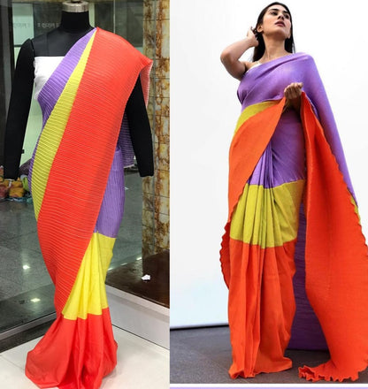 Multicolour chinon pleating and printing work party wear saree