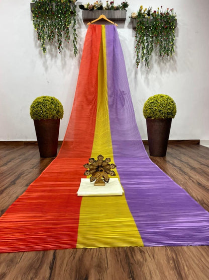 Multicolour chinon pleating and printing work party wear saree