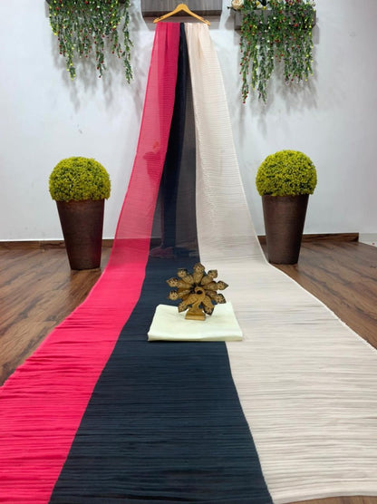 Multicolour chinon pleating and printing work party wear saree