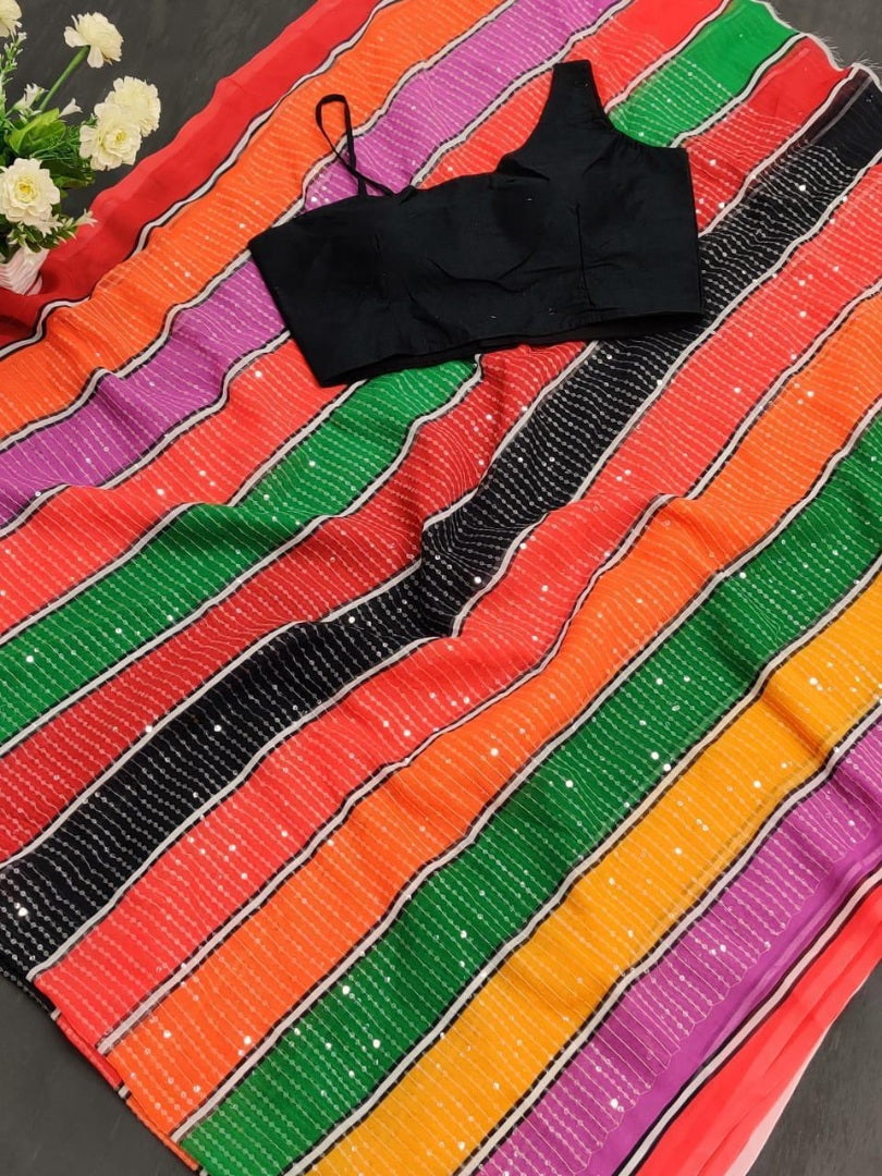 Multicolour georgette digital printed sequence work saree