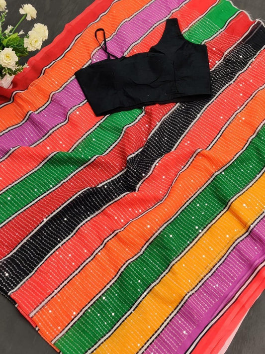 Multicolour georgette digital printed sequence work saree