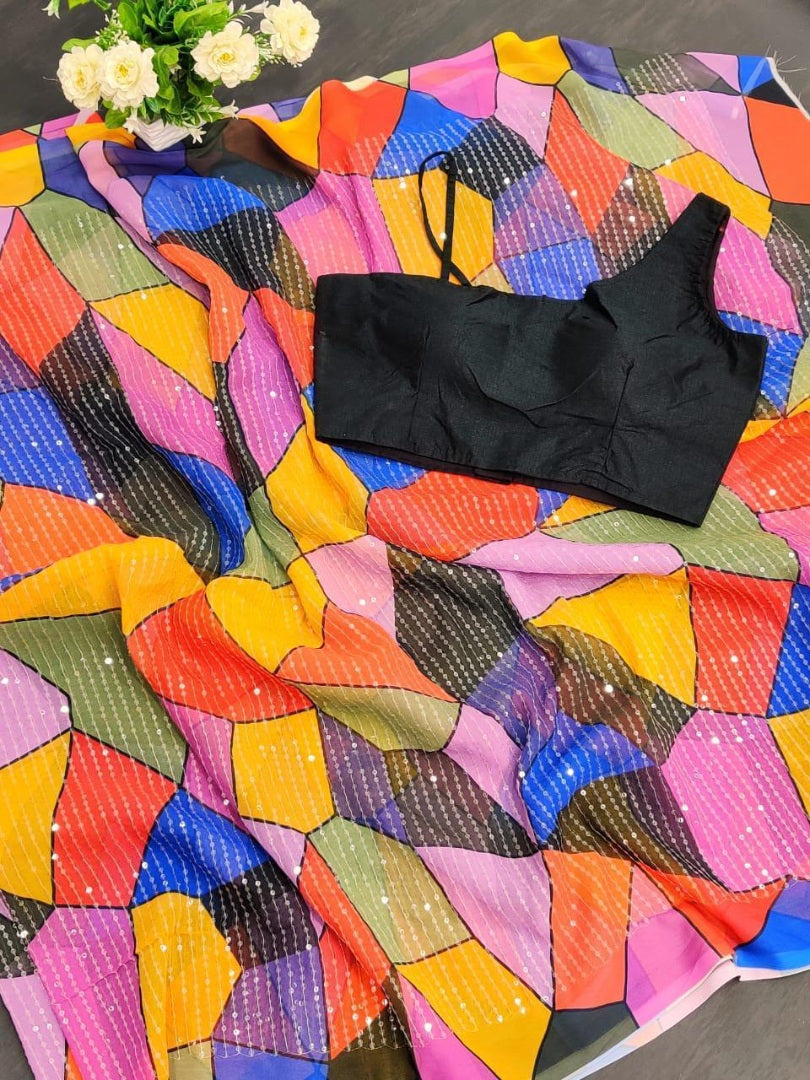 Multicolour georgette digital printed sequence work saree