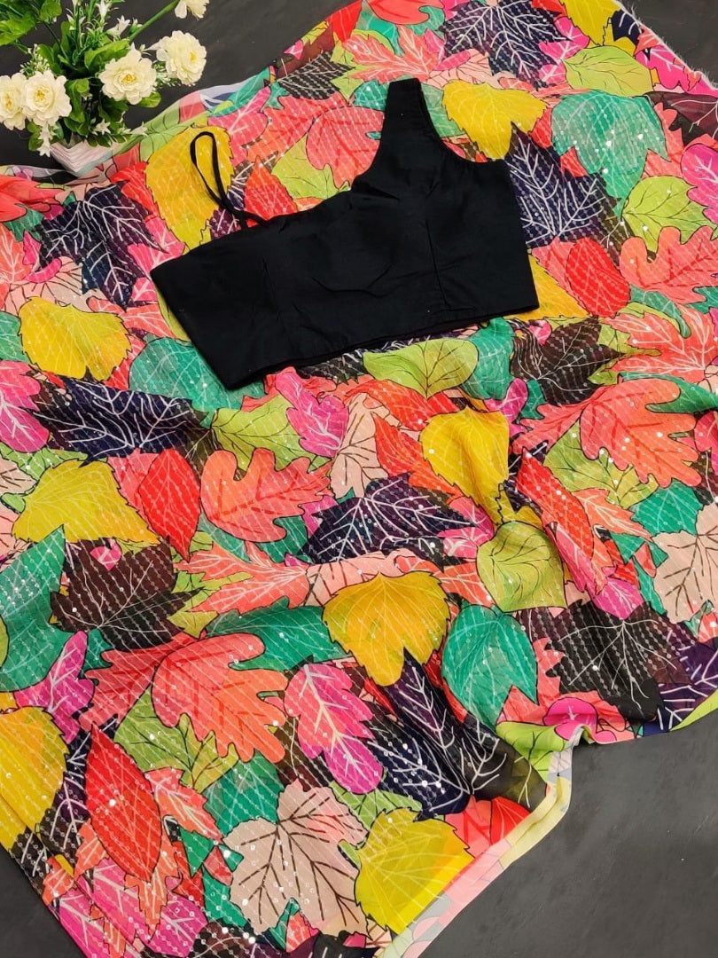 Multicolour georgette digital printed sequence work saree