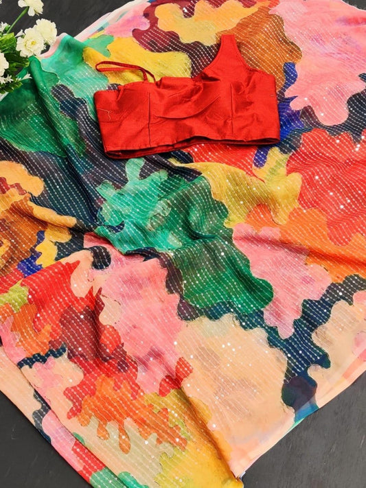 Multicolour georgette digital printed sequence work saree