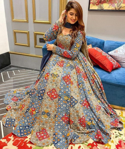 Multicolour heavy butter silk digital printed work party wear anarkali gown